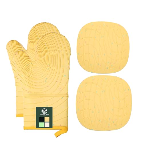 4 Pieces Oven Mitts and Pot Holders of Macaron Color Thickened Non (Silicone-yellow)