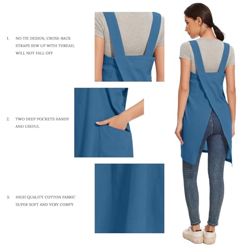Women Apron with 2 Pockets Cotton Linen Kitchen Baking Cooking Chef Cross Back Pinafore Dress for Work Restaurant Gardening (Medium / Lake Blue)