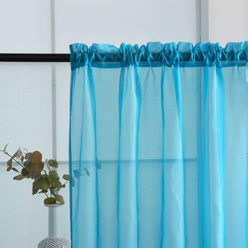 Basic Rod Pocket Sheer Voile Window Curtain Panels Cyan Blue 1 Pair 2 Panels 52 Width 18 Inch Long for Kitchen Bedroom Children Living Room Yard（Cyan Blue (Cyan Blue / 52"W x 18"L (Pack of 2))