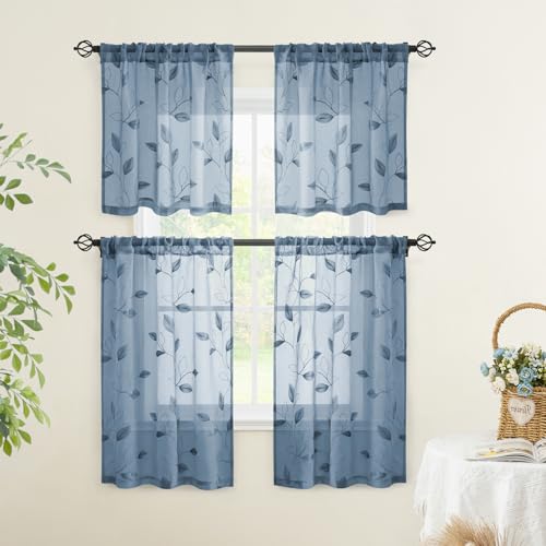 Stone Blue Kitchen Tier Curtains Leaf Embroidered (30"W x 24"L (Pack of 2) / Stone Blue)