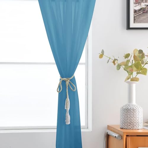 Basic Rod Pocket Sheer Voile Window Curtain Panels Blue 1 Pair 2 Panels 52 Width 90 Inch Long for Kitchen Bedroom Children Living Room Yard（Blue (Blue / 52"W x 90"L (Pack of 2))
