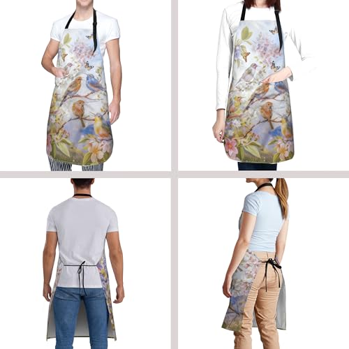Bird Aprons for Women Spring Flower Kitchen Apron Adjustable Neck for Cooking BBQ Painting (33" x 28"(Pack of 1) / Spring Bird Blue)