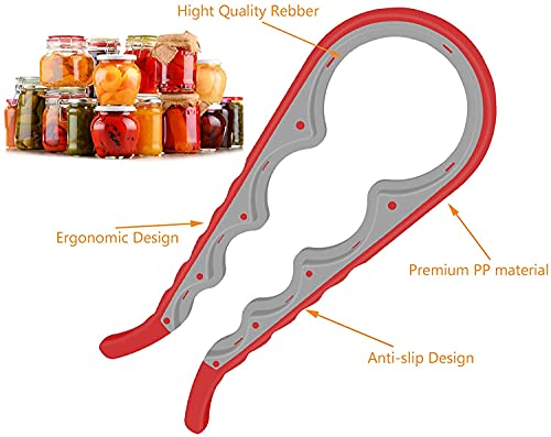 Jar Opener 5 in 1 Multi Function Can Opener Bottle Opener Kit with Silicone Handle Easy to Use for Children (Apple Red)