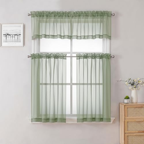 Sage Green Sheer Curtains 18 Inch Length 2 Pcs (Sage Green / 42"W x 18"L (Pack of 2))