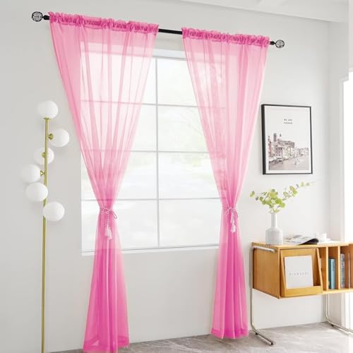 Solid Sheer Rod Pocket Curtain Voile Draperies 2 Panels White Beige Black Grey Ivory 60 Inch Width 84 Inch Long 1 Pair for Kitchen Bedroom Children Living Room Yard (Pink / 60"W x 84"L (Pack of 2))