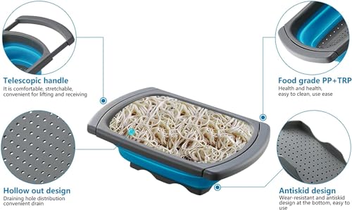 Collapsible Colander Strainer with Extendable Handles (Blue)