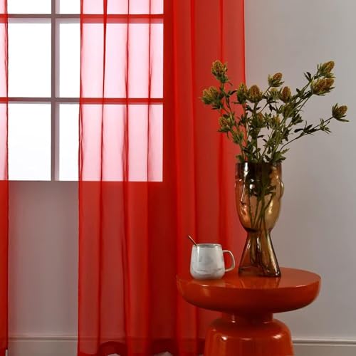 Basic Rod Pocket Sheer Voile Window Curtain Panels Red 1 Pair 2 Panels 52 Width 36 Inch Long for Kitchen Bedroom Children Living Room Yard（Red (Red / 52"W x 36"L (Pack of 2))