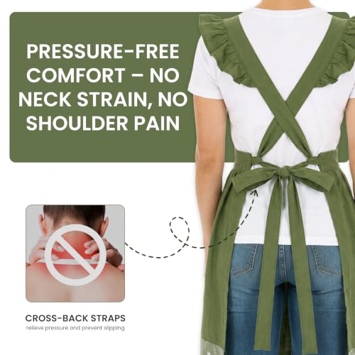 Vintage Aprons for Woman with Pockets Cute Lace Ruffle Adjustable Apron for Cooking Kitchen Baking Gardening (Army Green)