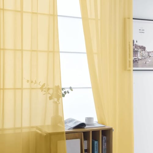 Basic Rod Pocket Sheer Voile Window Curtain Panels Gold 1 Pair 2 Panels 52 Width 54 Inch Long for Kitchen Bedroom Children Living Room Yard（Gold (Gold / 52"W x 54"L (Pack of 2))
