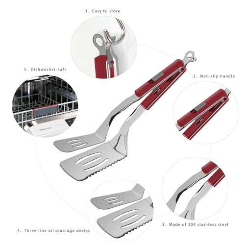 11.5 inch Stainless Steel Tongs for Cooking (11.5 Inch / Red)