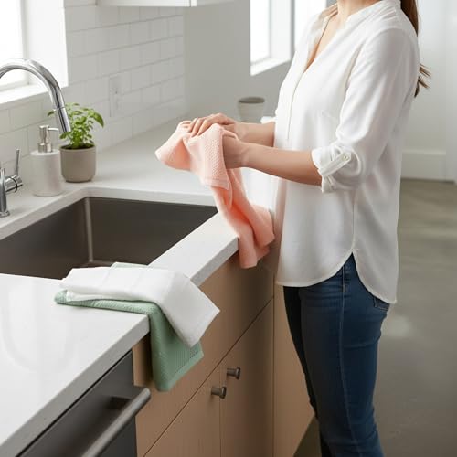 Sage Pink White Kitchen Hand Dish Towels (Soft Spring Pastels)