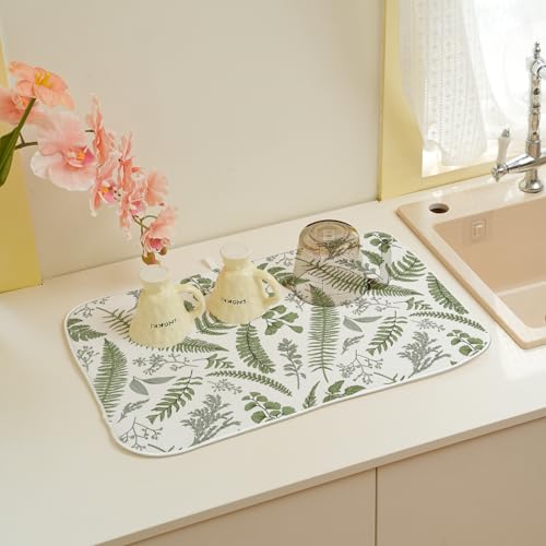 Sage Green Herb Leaves Dish Drying Mat 18 x 24 Inch Vintage Sage Green Leaf Plant Drying Mat for Kitchen Counter Absorbent Spring Summer Botanical Dishes Dry Pad for Drainer Rack Kitchen Fast Dry (Sage Green Leaf / 18" x 18")