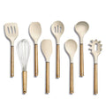 Non Stick Silicone Utensil Set with Rounded Wood Handles for Cooking and Baking (8 Piece Set / Khaki)