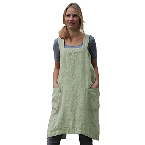 Women's Pinafore Square Apron Baking Cooking Gardening Works Cross Back Cotton (X-Large / Y-light Green)