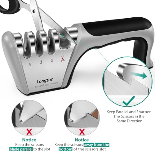 5-in-1 Knife Sharpener 4 Stage with Cut-Resistant Glove, Quickly Sharpens & Restores Dull Blades, Easy & Safe for Home Manual Kitchen Use, Fits Most Knives and Scissors, Black+Silver (Black+Silver)