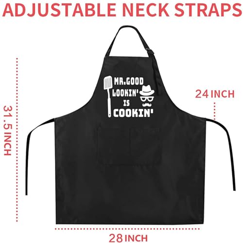 Funny Black Chef Aprons for Men Adjustable BBQ Kitchen Cooking Apron (Mr.good Lookin，is Cookin)