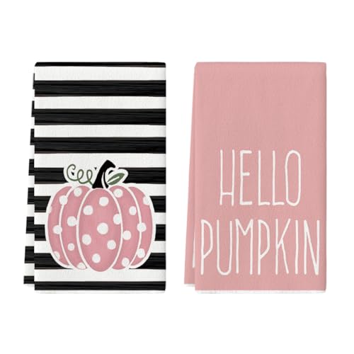 Pink Pumpkin Stripes Fall Kitchen Towels Set of 2 18x26 Inch (Pink)