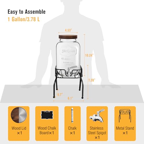 1 Gallon Glass Drink Dispenser for Parties with Stand & Acacia Lid (Single, with Stand)