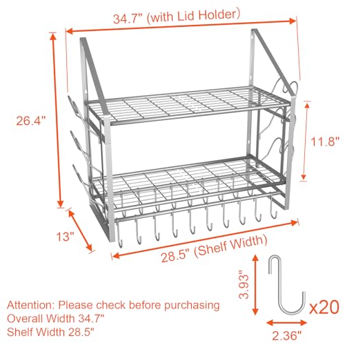 28 Inch Pot Rack Wall Mounted (28"W 2 Tier Silver)