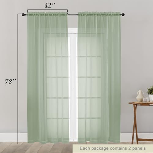 Sage Green Sheer Curtain for Bedroom Living Room 78 Inches Long 2 Panels Set (Sage Green / 42"W x 78"L (Pack of 2))
