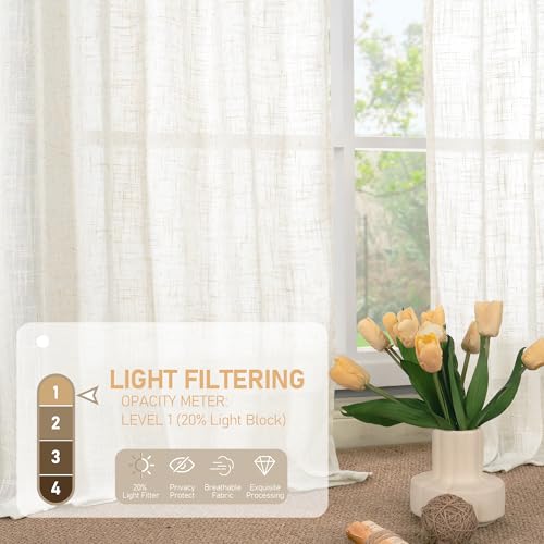 86 Inch Length Cream Semi Sheer Linen Curtains for Living Room (52"W x 86"L (Pack of 2) / Cream)