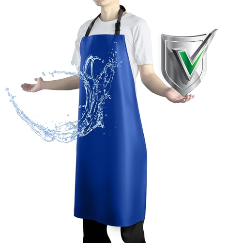 Waterproof Rubber Vinyl Apron Heavy Duty Chemical Resistant Work Apron Extra Long Grilling Aprons with Adjustable Bib Apron for Dishwashing Lab Butcher Cooking Kitchen Blue (Blue)