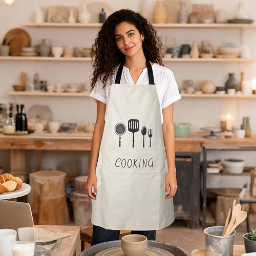 Women Kitchen Apron with Hand Wipe Pockets (White + White)