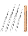 4 Pcs Fine Long Tweezer Tongs Professional Silver (Silver)