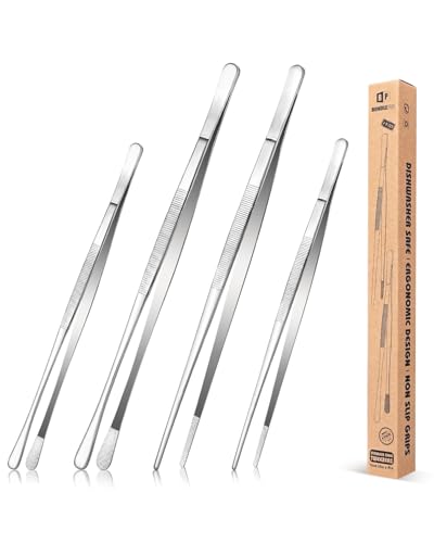 4 Pcs Fine Long Tweezer Tongs Professional Silver (Silver)