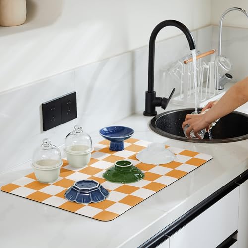 Checkered Dish Drying Mat for Kitchen Counter (Orange / 24" x 16")