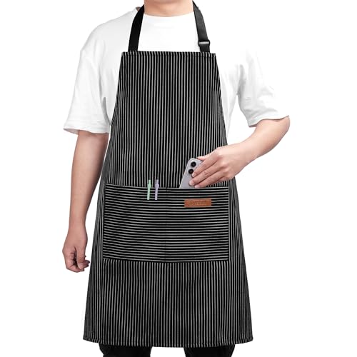Chef Apron for Men Women with Pockets (Black/White)
