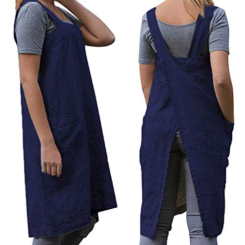 Cotton Linen Apron Cross Back Apron for Women with Big Pockets Square Pinafore Dress for Baking Cooking BBQ & Grill (Blue / Large)