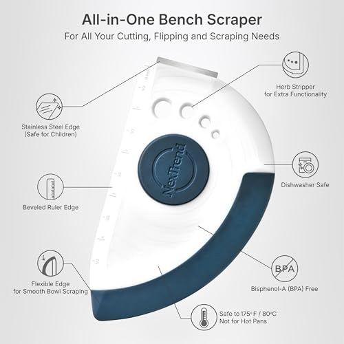 blue 5-in-1 flexible dough and bowl scraper with stainless-steel edge and integrated ruler (Blue)
