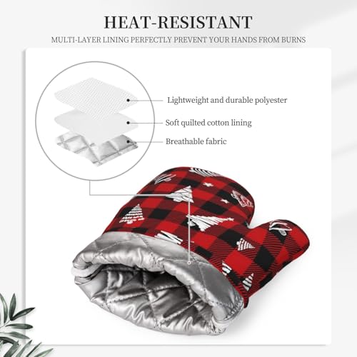 Red Gingham Plaid Christmas Tree Oven Mitts and Pot Holders Set (Red Black White)