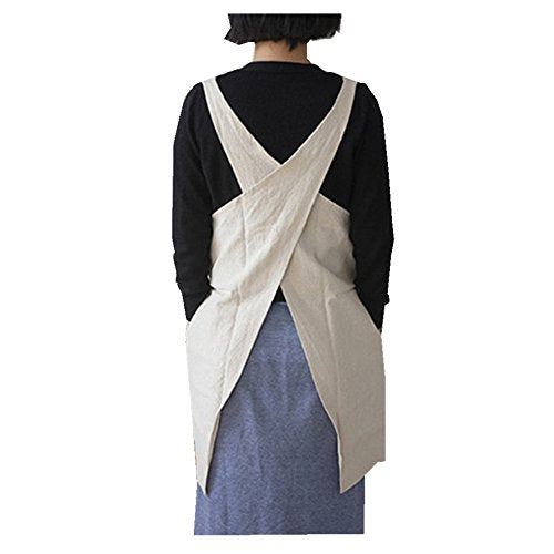 Soft Cotton Linen Apron Solid Color Halter Cross Bandage Aprons Japanese Style X Shape Double Pockets Kitchen Cooking Clothes Gift for Women Chef Housewarming (Beige)
