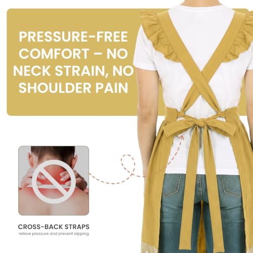 Aoomzoom Vintage Aprons for Woman with Pockets Cute Lace Ruffle Adjustable Apron for Cooking Kitchen Baking Gardening (Lemon Yellow)