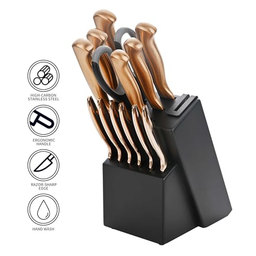 15 Piece Rose Gold Knife Block Set with Sharpener (Rose Gold)