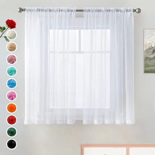 Basic Rod Pocket Sheer Voile Window Curtain Liners White 2 Panels 52 Width 45 Inch Long for Kitchen Bedroom Children Living Room Yard (White / 52"W x 45"L (Pack of 2))
