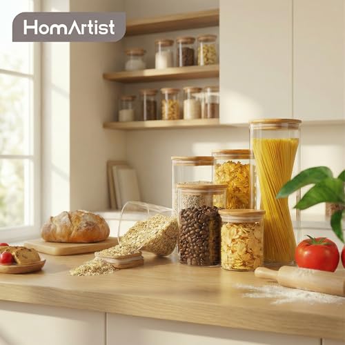 Round Glass Storage Containers with Bamboo Lids for Pasta & Flour (MultiSize 5 Pack)