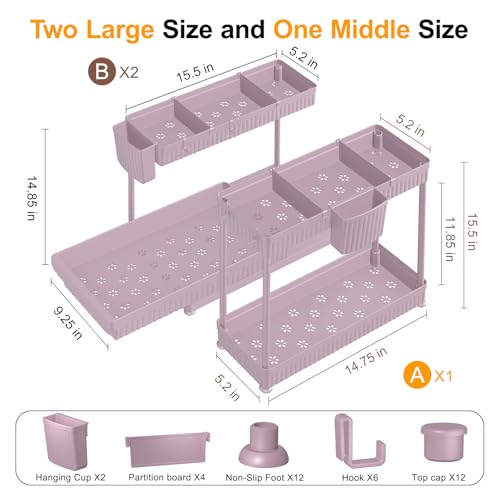 3-Pack 2-Tier L-Shaped Under Sink Organizers with Sliding Drawers (Pink / 14.85 Inch)