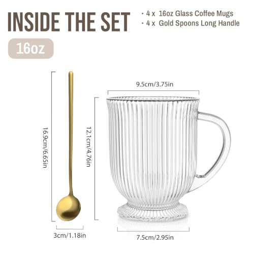 16oz Glass Coffee Mugs with Handles and Spoon Set of 4 Ribbed Mug (Ribbed)