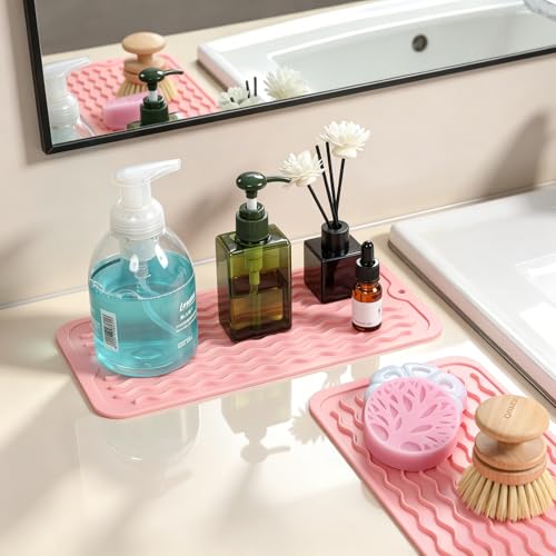 2 Pack Caketime Silicone Dish Drying Mat for Kitchen Counter Under Sink Storage Near Bathroom Faucet Heat Resistant Pad for Stove Top Placemats Soap Holder Stone Dryer Organizer 12"x6" Pink (Pink / 12"*6")