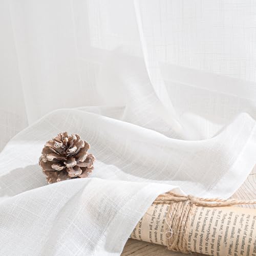 White Linen Semi Sheer Curtains 45 Inch Length for Short Window (White / 42"W x 45"L (Pack of 2))