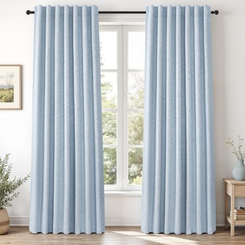 Light Blue Linen Curtains 84 Inches Long for Living Room Bedroom 100% Full Blackout Sky Baby Blue Window Curtains Energy Efficient Modern Drapes Back Tab with Hooks Rings 2 Panels Set (Chambray Blue / 52"W x 84"L (Pack of 2))