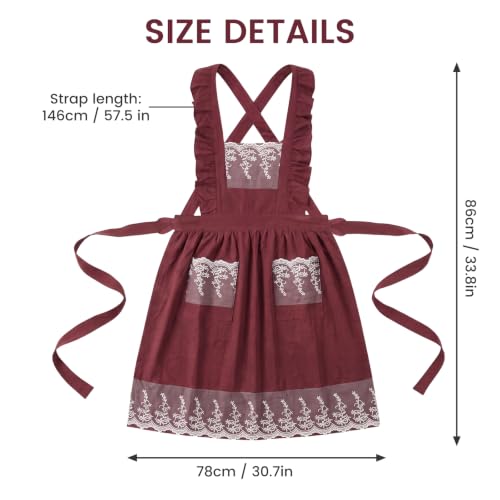 Aoomzoom Vintage Aprons for Woman with Pockets Cute Lace Ruffle Adjustable Apron for Cooking Kitchen Baking Gardening (Red)