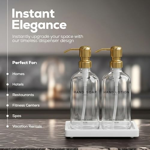 Luxury Glass Soap Dispenser Bathroom Set by Brighter Barns (Clear/Gold Sl)