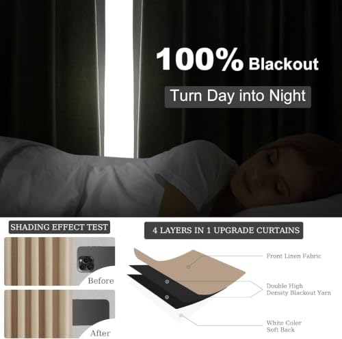 Light Taupe Blackout Textured 90 Inch Long Linen Blend Curtain Draperies Pinch Pleat Back Tab with Hooks Energy Saving Thermal Insulated Curtains for Living Room (Tan / 52"W x 90"L (Pack of 2))