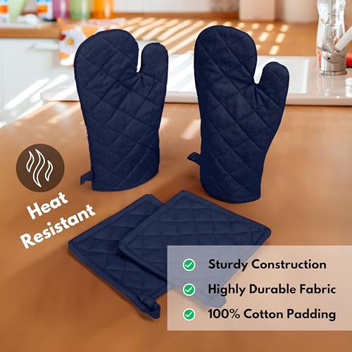 4 Piece Set 2 Oven Mitts & 2 Potholders (Navy)