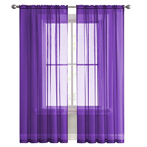 Sheer Voile Window Treatment Rod Pocket Curtain Panels for Kitchen Bedroom Living Room Drapes Sunlight Filtering Privacy Semi Home Decor Assorted (Purple / 52"W x 63"L (Pack of 2))