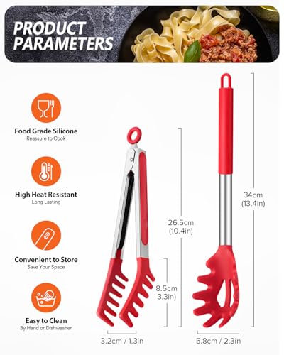 Silicone Spaghetti Spoon & Pasta Tong (Red)